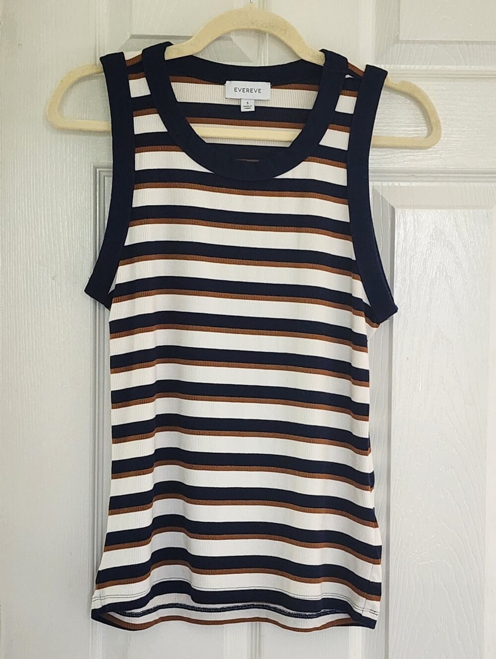 EVEREVE Striped Ribbed Tank Top Small Navy White Brown Stretch Sleeveless